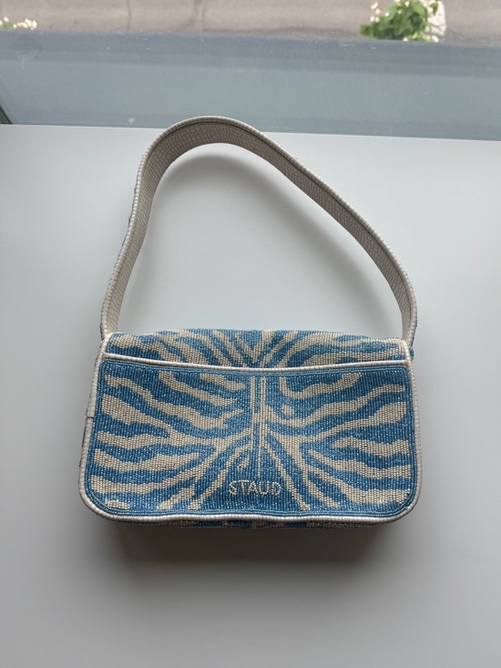 STAUD Handbags - STAUD Blue and Cream Tommy Beaded Zebra-Print Shoulder Bag